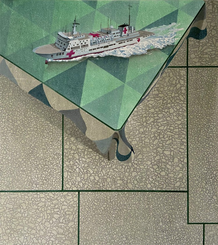 欧勇 《桌面上的风景——和平方舟》   76.5x86cm 水印木刻版画（纸本） 2021年 该作品以和平方舟号医院船为主体物，力图展现和平方舟号奔赴世界各地开展救助，传递和平、传播中国文化、展示中国形象的典型性 13558908596.JPG